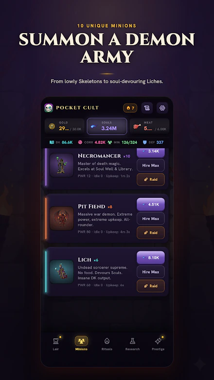 Pocket Cult offline progress and resources screen