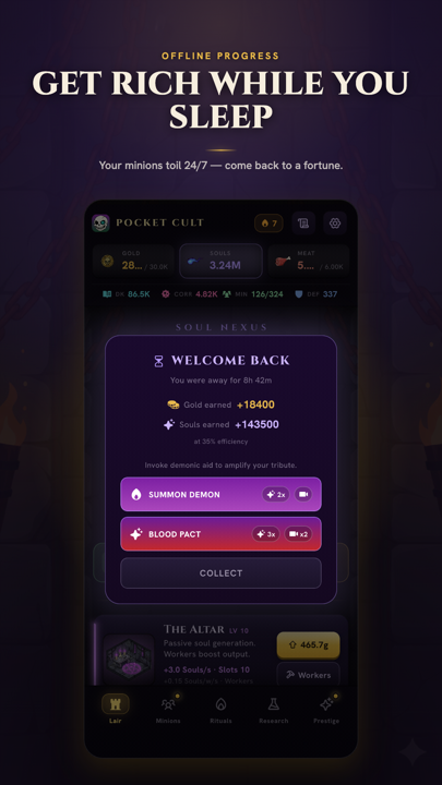 Pocket Cult screenshot: get rich while you sleep